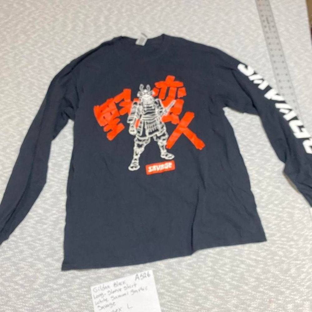 Gildan black long sleeve shirt with white samurai Savage Unisex L. SKU-A526